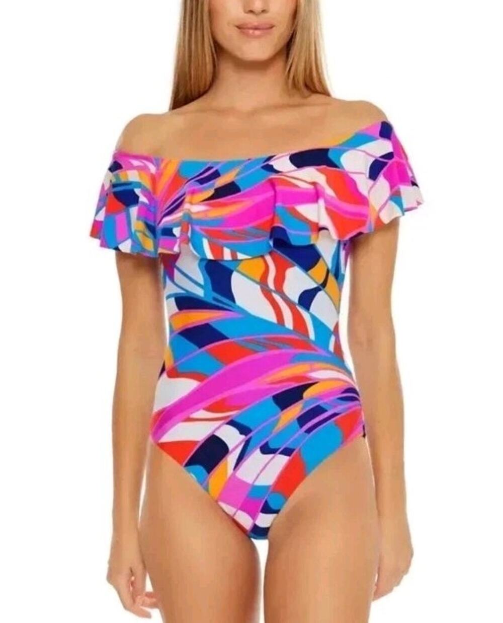 TRINA TURK Rio Off The Shoulder Ruffled One Piece Swimsuit Sz 10 Resort Luxe